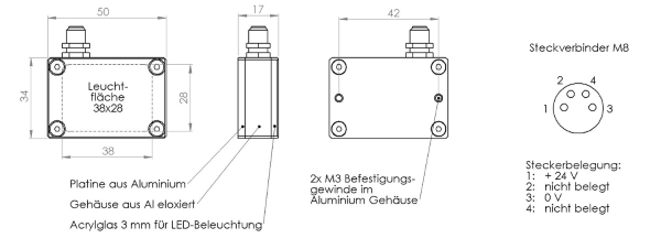 Maßzeichnung der Hintergrundbeleuchtung mit Steckerbelegung M8
